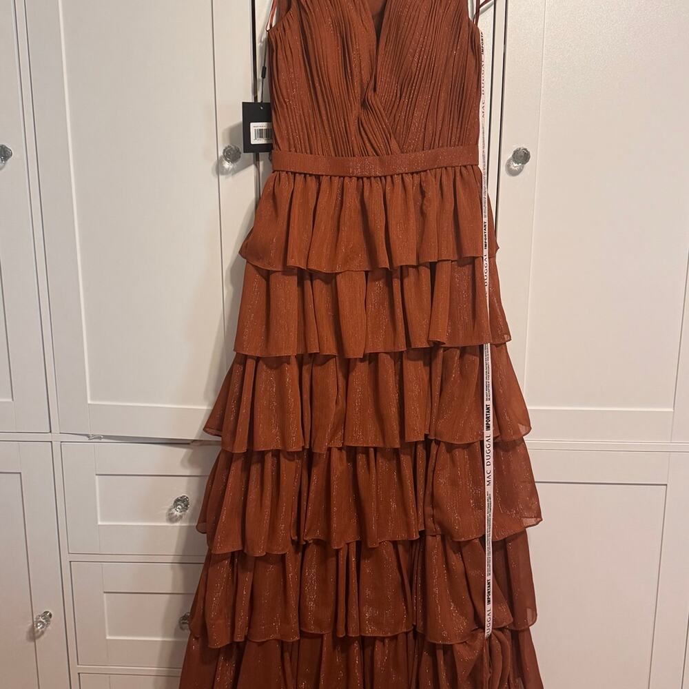 IEENA by Mac Duggal Rust Copper Metallic Tiered Ruffle Maxi Gown Size 4 NWT - Picture 2 of 6